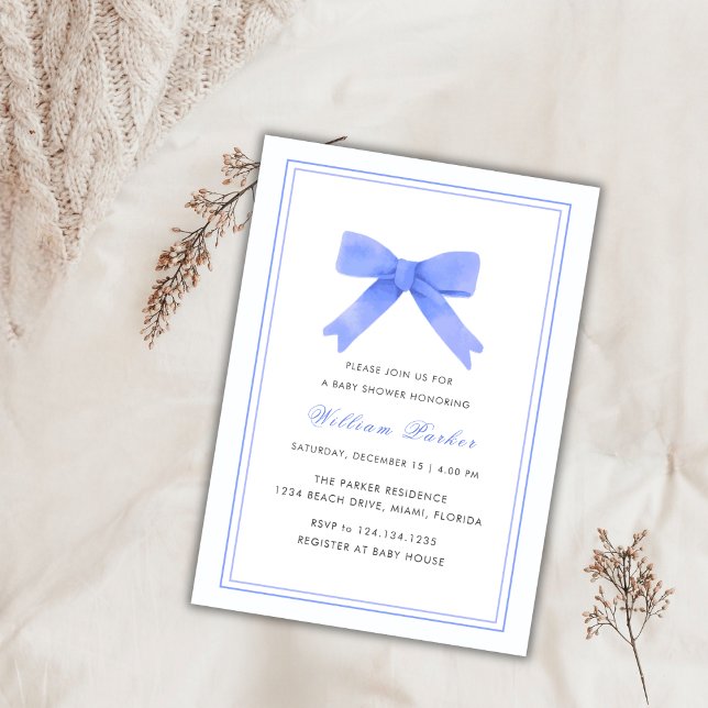 Simple Watercolor Bow Baby Shower  Invitation (Simple Blue Watercolor Bow Boy Baby Shower Invitation)