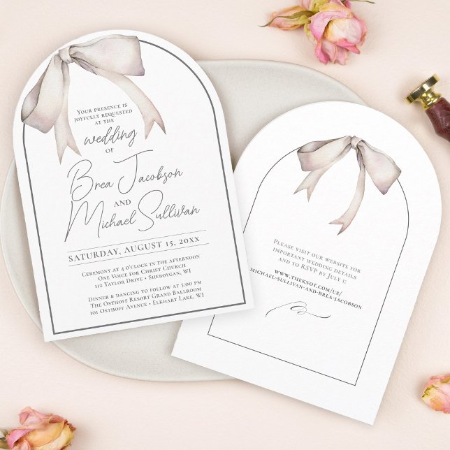 Simple Watercolor Bow Elegant Modern Arch Wedding Invitation (Beautiful, soft, elegant, simple floppy white bow coquette aesthetic arch shape wedding invitation)