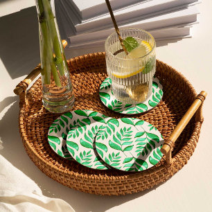 Simple watercolor branches - green round paper coaster