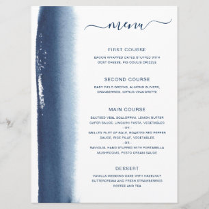 Simple Watercolor Brushstroke Navy Blue Wedding Menu