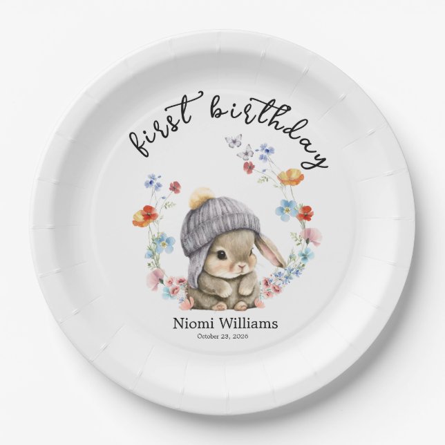 Simple Watercolor Bunny First Birthday Paper Plate (Front)