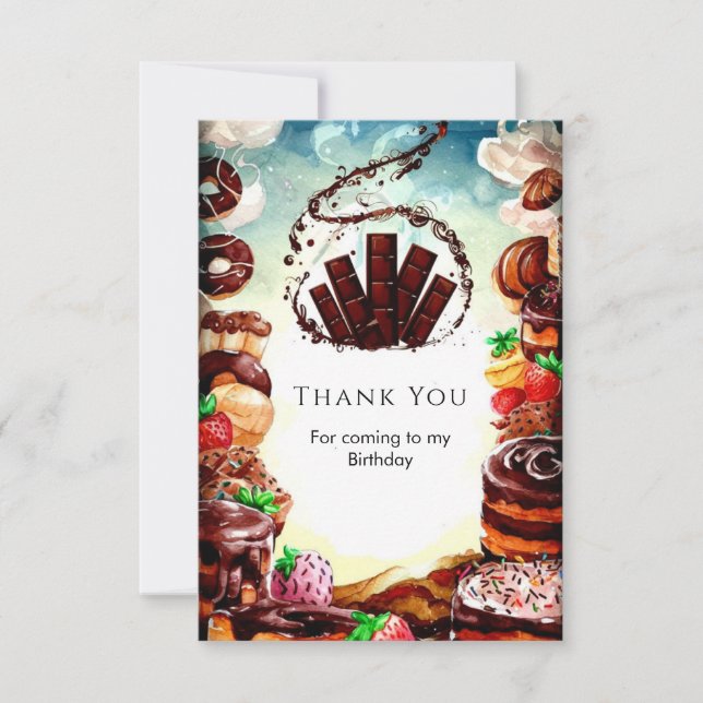 Simple Watercolor Chocolate Birthday Thank You Card (Front)