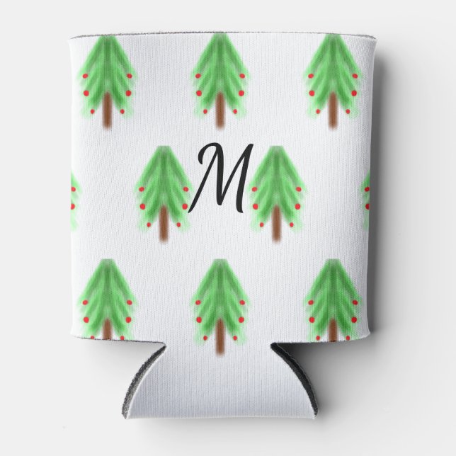 Simple watercolor Christmas pattern add monogram  Can Cooler (Front)