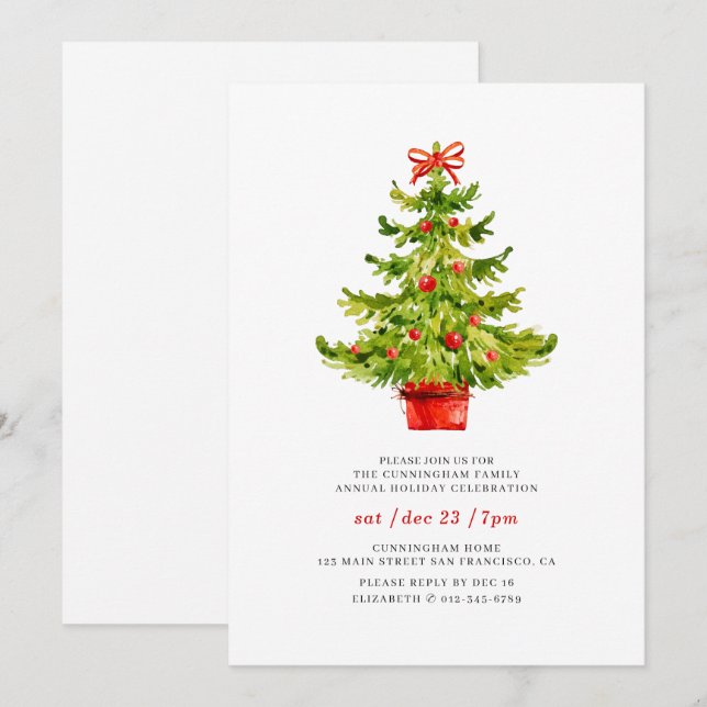 Simple Watercolor Christmas Tree Holiday Dinner Invitation (Front/Back)