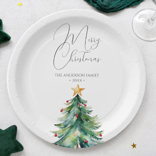 Simple Watercolor Christmas Tree Merry Christmas Paper Plate