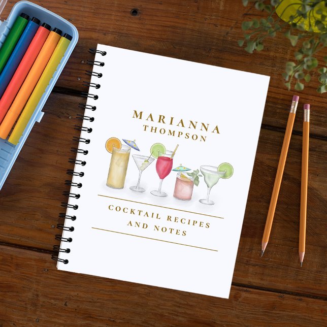 Simple Watercolor Cocktail Drinks Stylish Custom Notebook (Watercolor cocktail drinks colorful spiral notebook with a martini, margaritas, and wine )