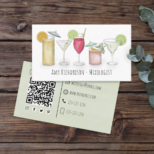 Simple Watercolor Cocktails Drinks Bartender  Business Card