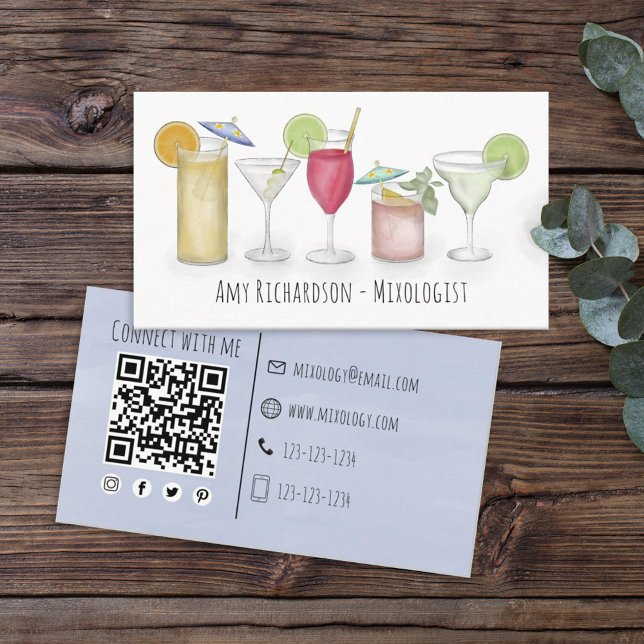 Simple Watercolor Cocktails Drinks Bartender Business Card (Creator Uploaded)