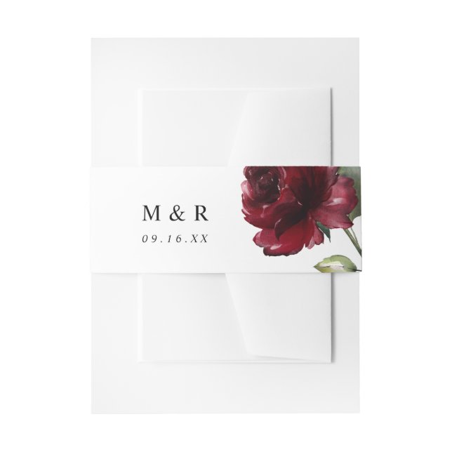 Simple Watercolor Deep Red Flower Monogram Invitation Belly Band (Front Example)