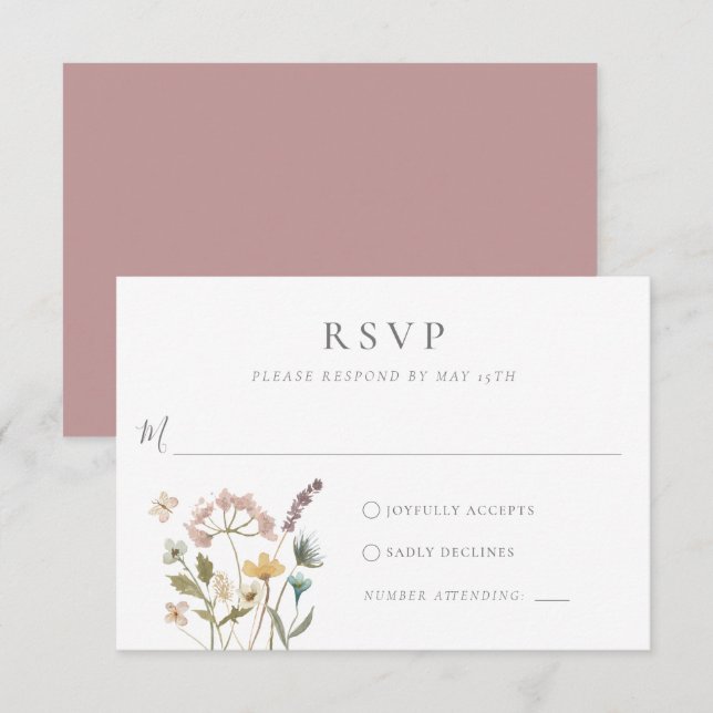 Simple Watercolor Delicate Pressed Flowers Wedding RSVP Card (Front/Back)