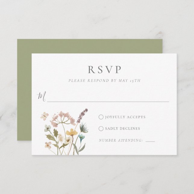 Simple Watercolor Delicate Pressed Flowers Wedding RSVP Card (Front/Back)