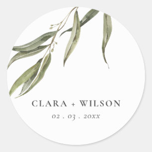 Simple Watercolor Eucalyptus Botanical Wedding Classic Round Sticker