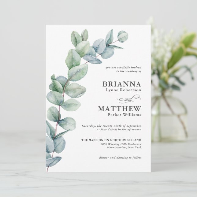 Simple Watercolor Eucalyptus Greenery Wedding Invitation (Standing Front)