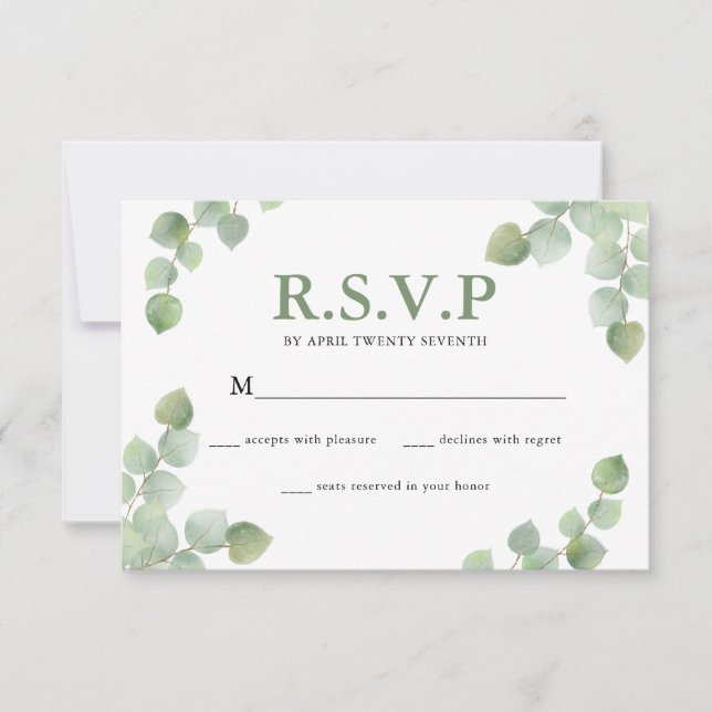 Simple Watercolor Eucalyptus Greenery Wedding RSVP Card (Front)