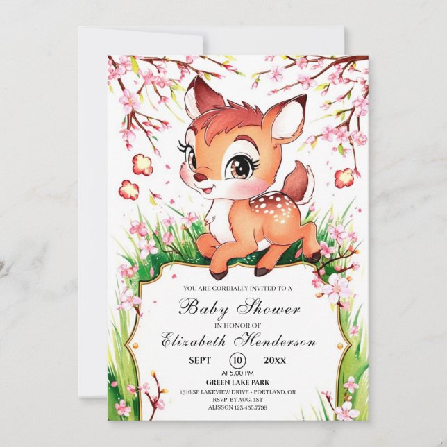 Simple Watercolor Fawn Baby Shower Invitation (Front)