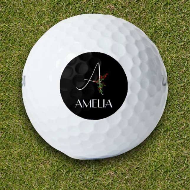 Simple watercolor flower letter A black Golf Balls (Creator Uploaded)