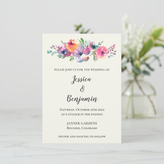 Simple Watercolor Flowers Modern Elegant Wedding Invitation (Standing Front)