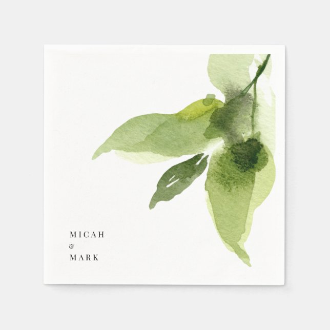 Simple Watercolor Foliage Couple Names Cocktail Napkin (Front)