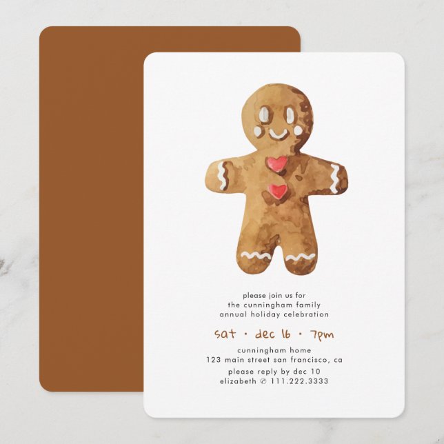Simple Watercolor Gingerbread Man Holiday Dinner Invitation (Front/Back)