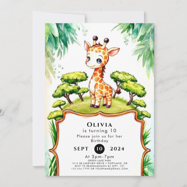 Simple Watercolor Giraffe Birthday Invitation (Front)