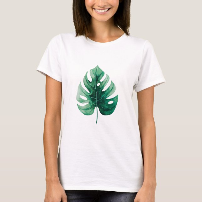 Simple Watercolor Green Monstera Illustration T-Shirt (Front)