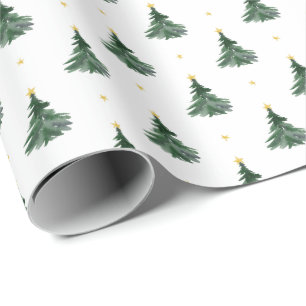 Simple Watercolor Green Trees Gold Stars Christmas Wrapping Paper