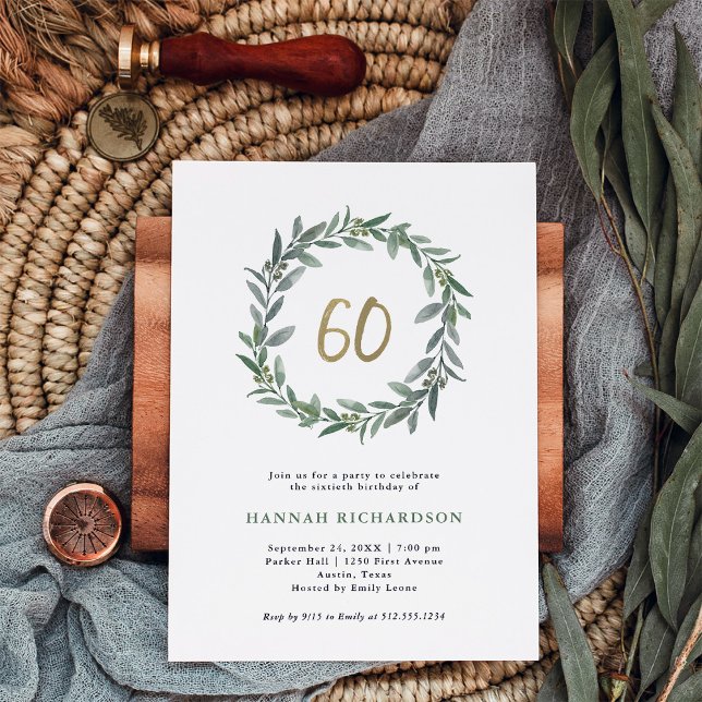 Simple Watercolor Greenery and Gold 60th Birthday Invitation (Creator Uploaded)