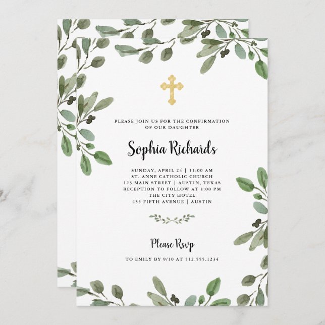 Simple Watercolor Greenery and Gold | Confirmation Invitation (Front/Back)
