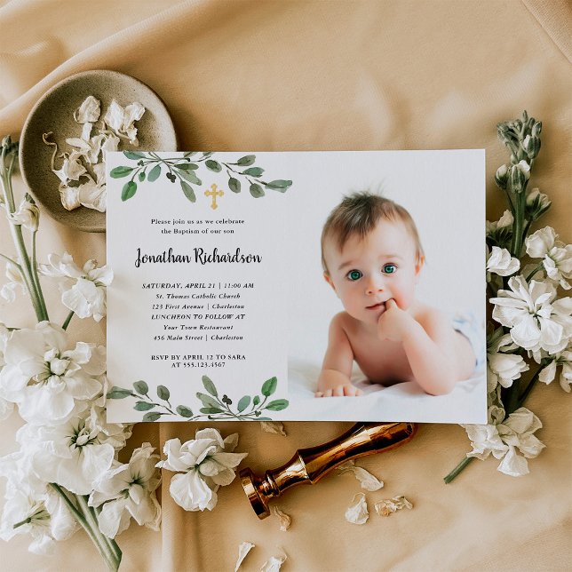 Simple Watercolor Greenery and Gold Photo Baptism Invitation (Creator Uploaded)