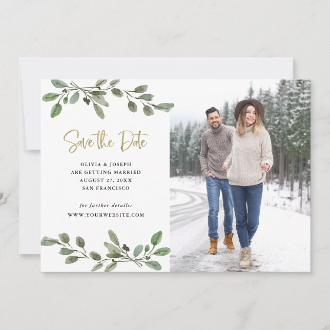 Simple Watercolor Greenery and Gold Photo Save The Date (Front)