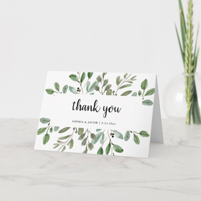 Simple Watercolor Greenery and Script | Thank You Card (Front)