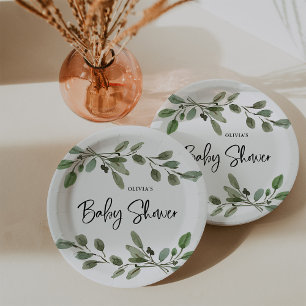 Simple Watercolor Greenery Baby Shower Paper Plate