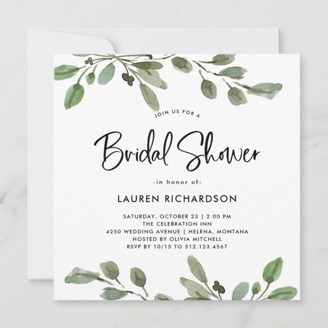 Simple Watercolor Greenery | Bridal Shower Invitation (Front)
