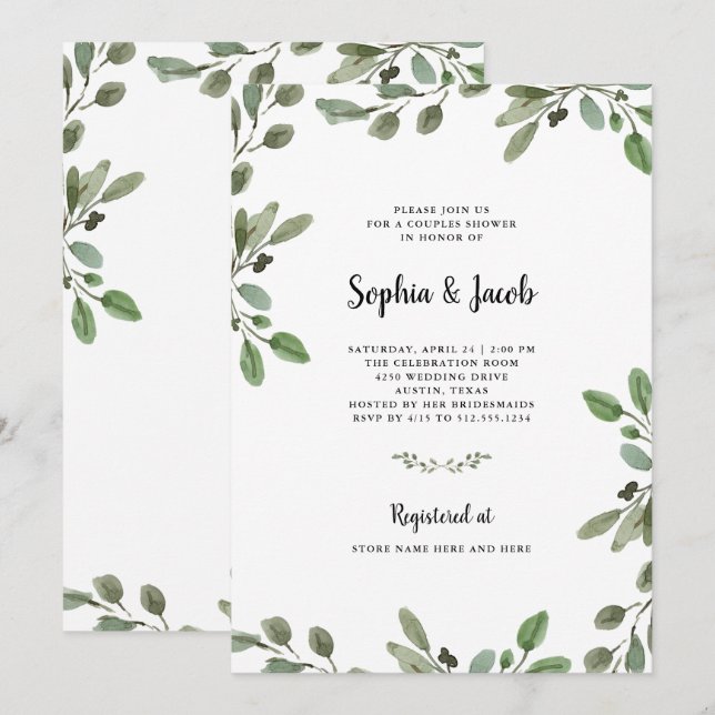 Simple Watercolor Greenery | Couples Shower Invitation (Front/Back)