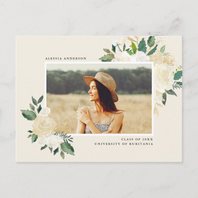 Simple Watercolor Greenery Floral Graduation Party Invitation Postcard (Front)