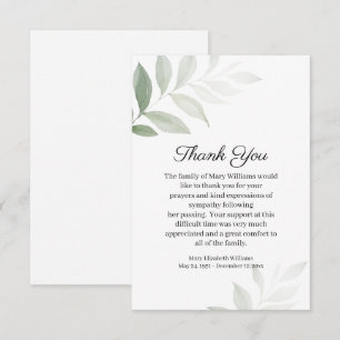 Simple Watercolor Greenery Funeral Thank You Card