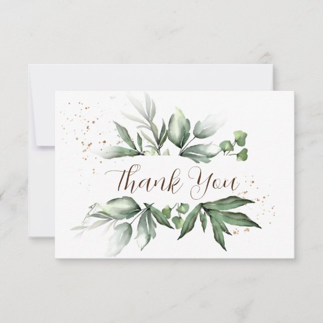 Simple Watercolor Greenery Gold Splashes Wedding  Thank You Card (Front)