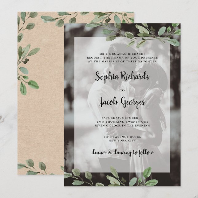 Simple Watercolor Greenery | Kraft Photo Wedding Invitation (Front/Back)