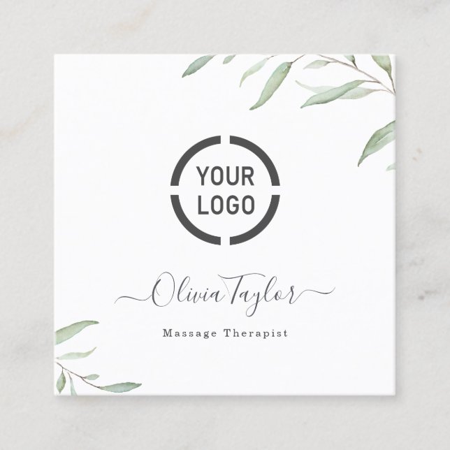 Simple Watercolor Greenery Massage Therapist Square Business Card (Front)
