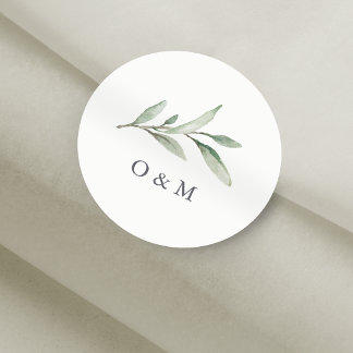 Simple Watercolor Greenery monogram Classic Round Sticker