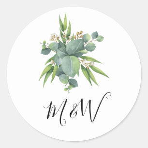 Simple Watercolor Greenery monogram Classic Round Sticker