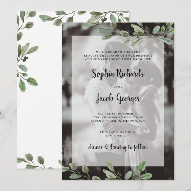 Simple Watercolor Greenery | Photo Wedding Invitation (Front/Back)