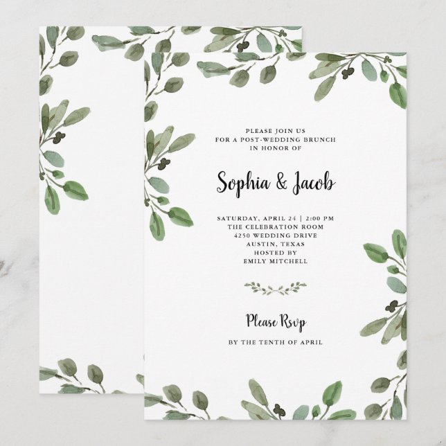 Simple Watercolor Greenery | Post Wedding Brunch Invitation (Front/Back)