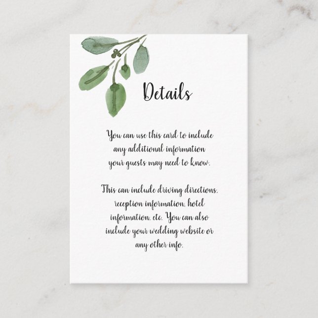 Simple Watercolor Greenery Script Wedding Details Enclosure Card (Front)