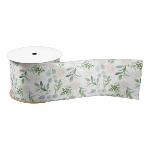 Simple Watercolor Greenery & White Flowers Pattern Satin Ribbon