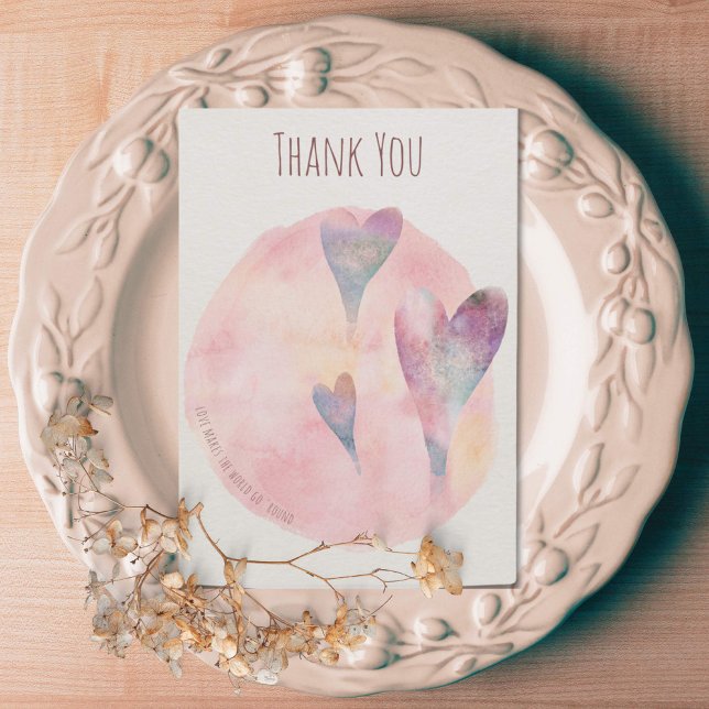 Simple Watercolor Hearts Thank You (Watercolor hearts Thank-you card in pretty pastels. Back has design as well.)
