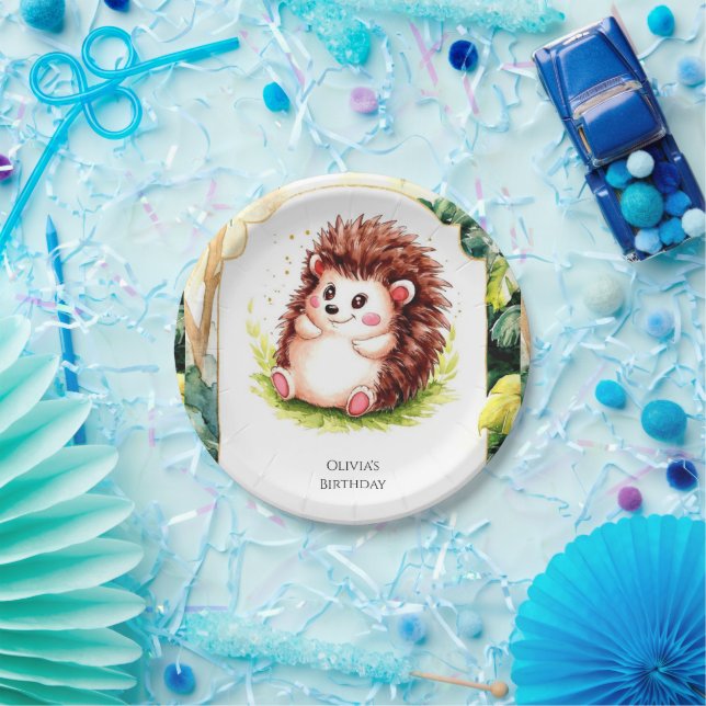 Simple Watercolor Hedgehog Birthday Paper Plate (Party)