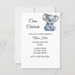 Simple Watercolor Koala Baby Shower Invitation