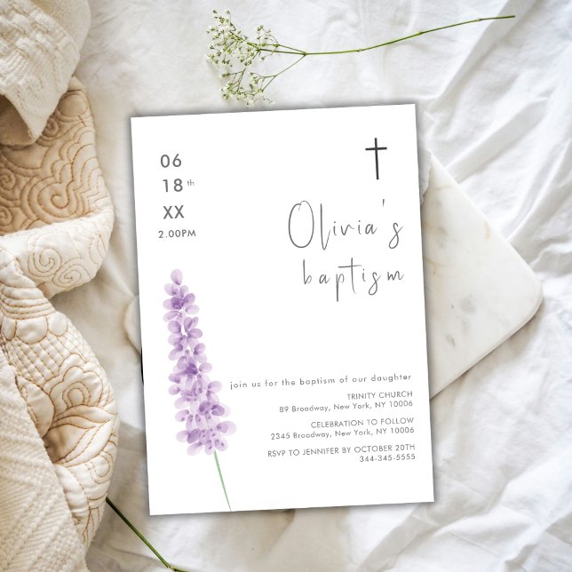 Simple Watercolor Lavender Flower Cross Baptism Invitation (Simple Watercolor Lavender Flower Cross Baptism Invitation)