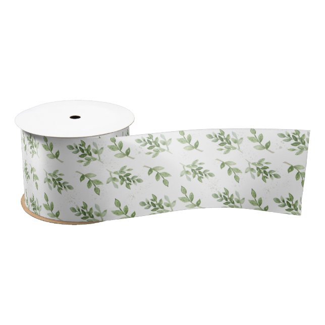 Simple Watercolor Leaves and Foliage Pattern Satin Ribbon (Spool)